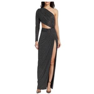 Ronny Kobo Lorinna Metallic Cut Out Slit Gown